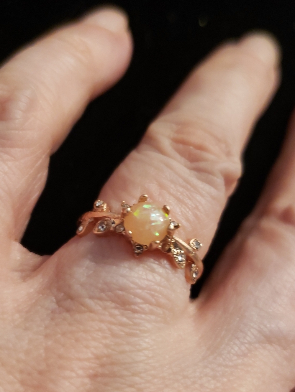 NEW Dainty/Tiny YGP Faux Opal Ring, Botanical Leaf Bejeweled, Size 6-In Gift Box